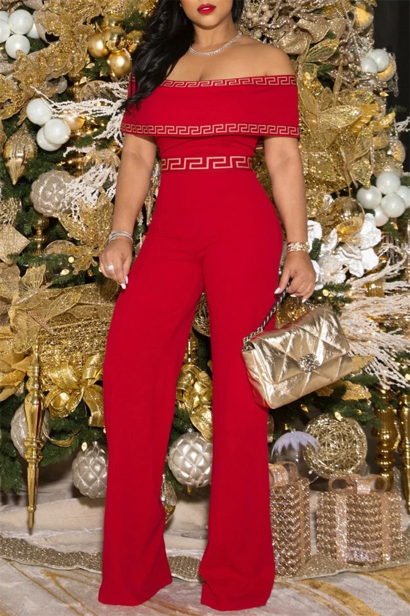 Fashion Casual Print Split Joint Backless Off the Shoulder Regular Jumpsuits