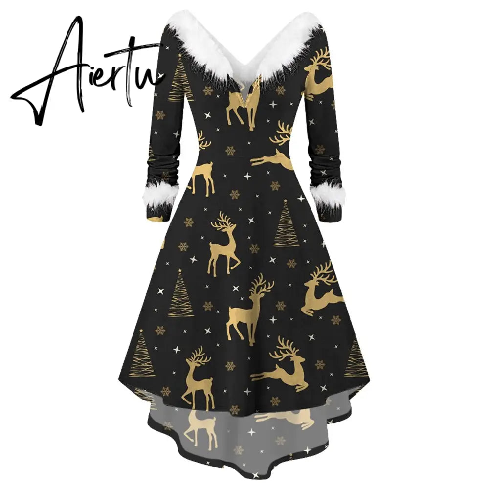 Winter Women Christmas Dress Faur Fax Collar Long Sleeves Cocktail Party Dress Xmas New Year Evening Flowy Elegant Prom Dresses Aiertu
