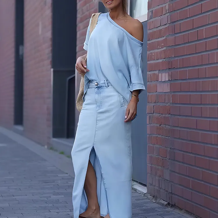Women's Diagonal Shoulder Top with Split Denim Long Skirt