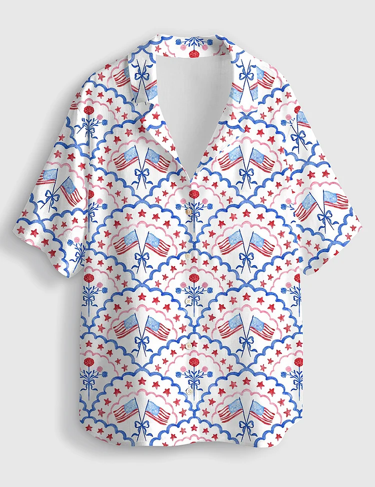 Women&rsquo;s Red White And Blue USA Flag And Floral 4th Of July Short Sleeve Linen Blend Hawaiian Shirt