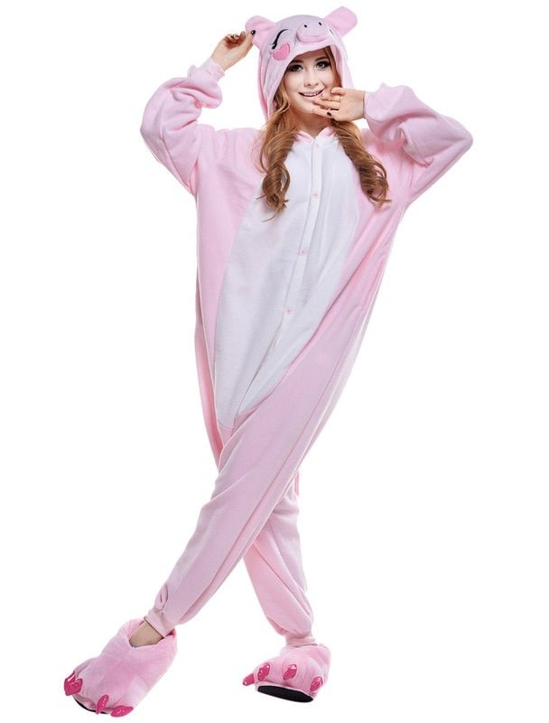 Pig Kigurumi Pajama Onesie Adult Pink Fleece Flannel Animal Sleepwear Halloween Costume Novameme