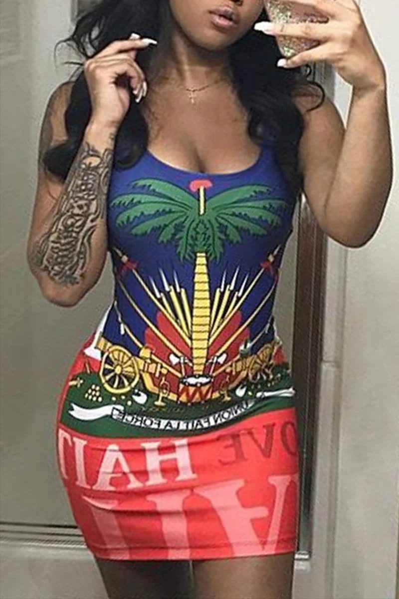 Sexy Printed Sling Positioning Dress