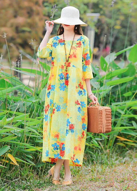 Art Yellow O-Neck Print Cotton Vacation Dresses Half Sleeve