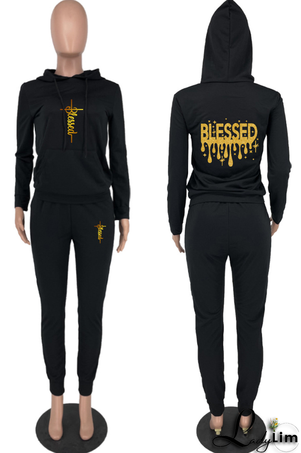 Black Fashion Print Patchwork Hooded Collar Long Sleeve Two Pieces