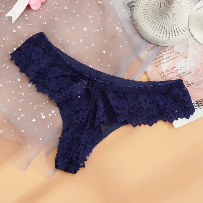 Women Sexy Lace Lingerie Temptation Low-waist Thong Panties Transparent Hollow Out Underwear Female Embroidery Floral G String