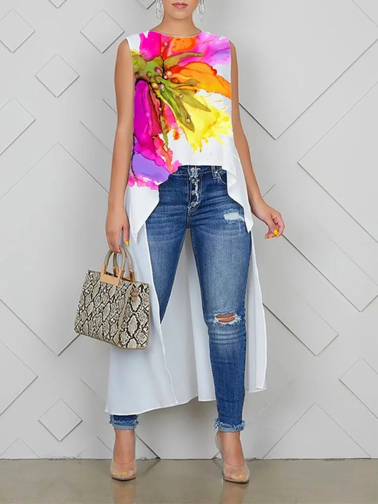 High-Low Loose Flower Print Round-Neck Blouses&Shirts Tops Vest Top