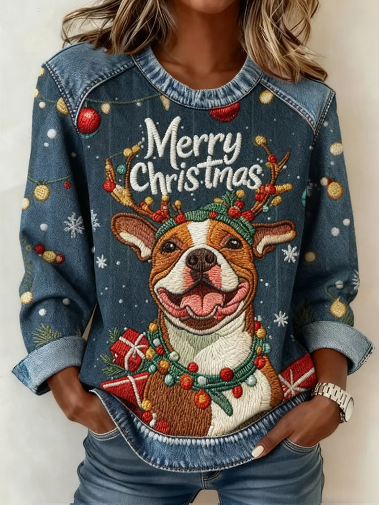 Women's Christmas Cute Dog Denim Patchwork Top
