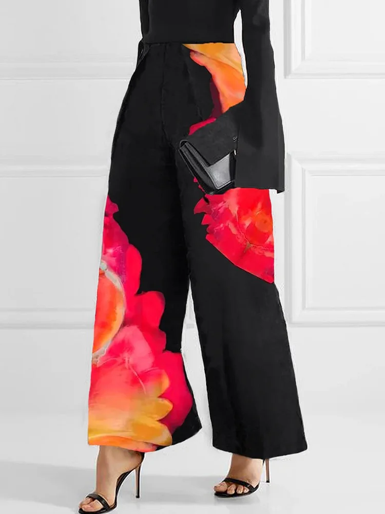 Loose Wide Leg Flower Print Casual Pants Bottoms Trousers