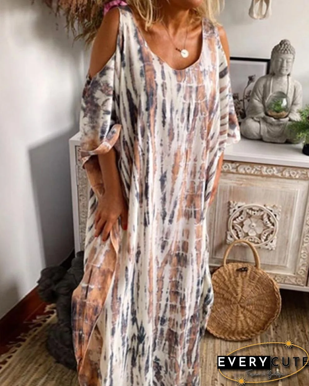 Tie-Dye Multi-Colored Print Cold-Shoulder Loose Maxi Dress P15979