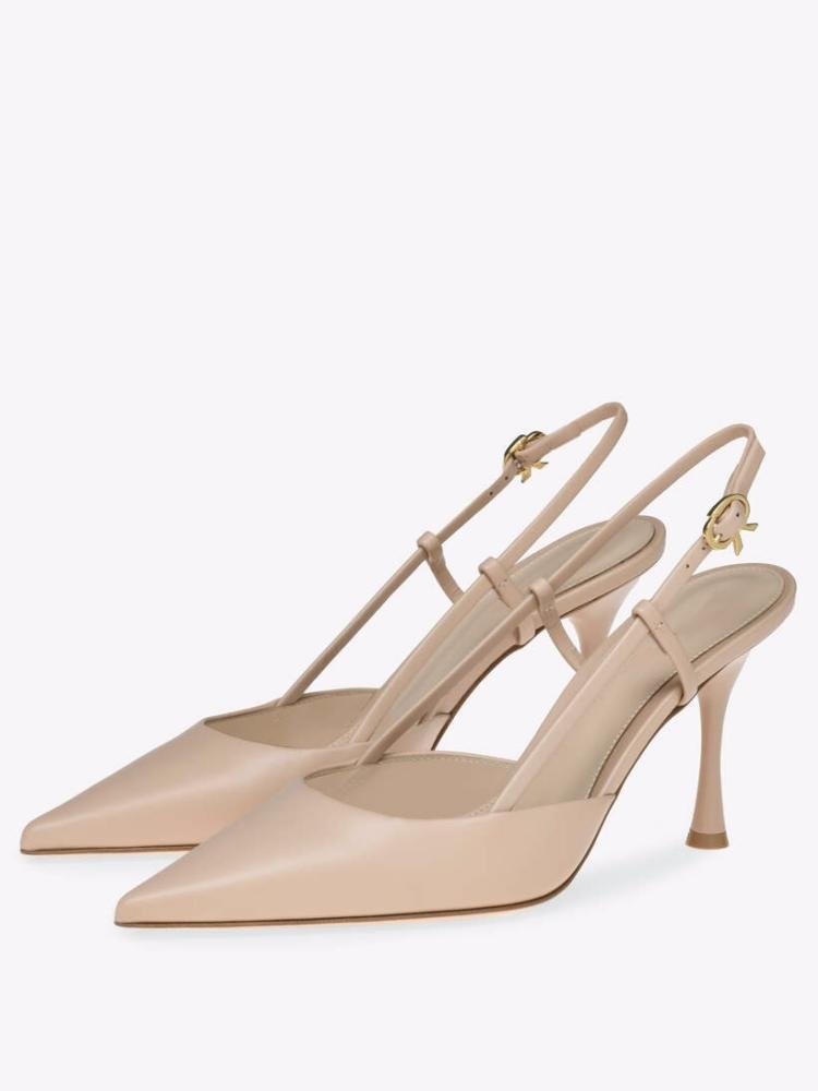 Nude Slingback Metal Ribbon Buckle Pumps For Women 