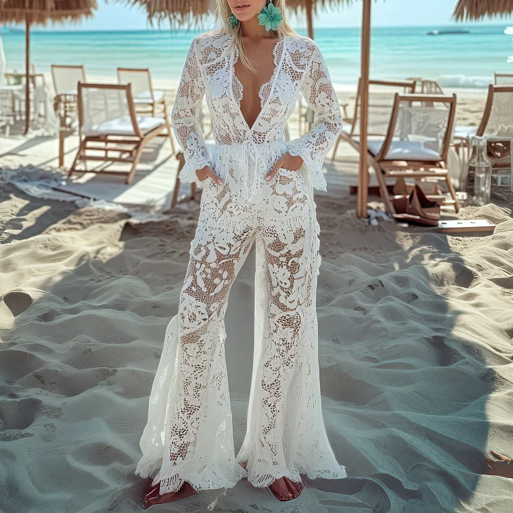 Ursime Hollow Lace Deep V Neck Pocket Flare Leg Jumpsuit