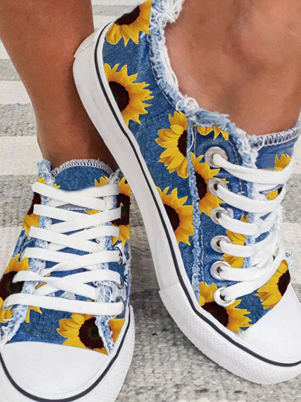 Casual low-top sunflower flower burlap lace-up canvas shoes