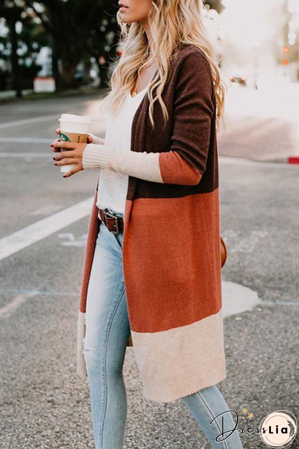 Three-color Striped Stitching Long Cardigan (4 Colors) P15909