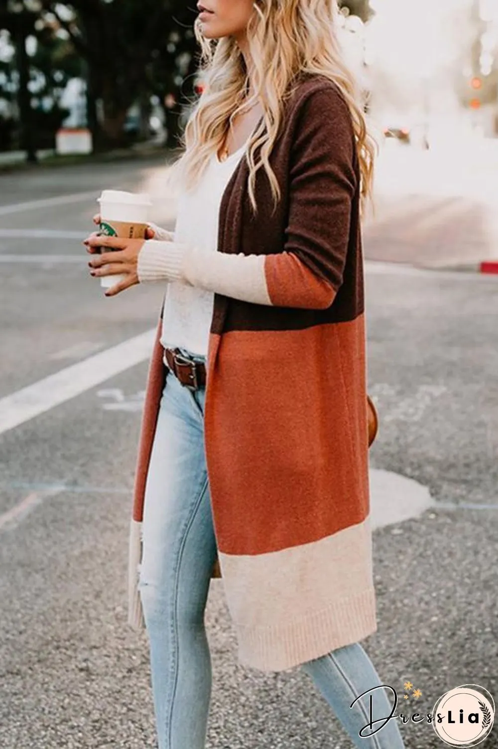 Three-color Striped Stitching Long Cardigan (4 Colors) P15909