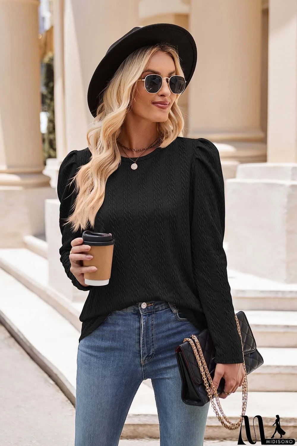 MidiSono - Round Neck Puff Sleeve Blouse