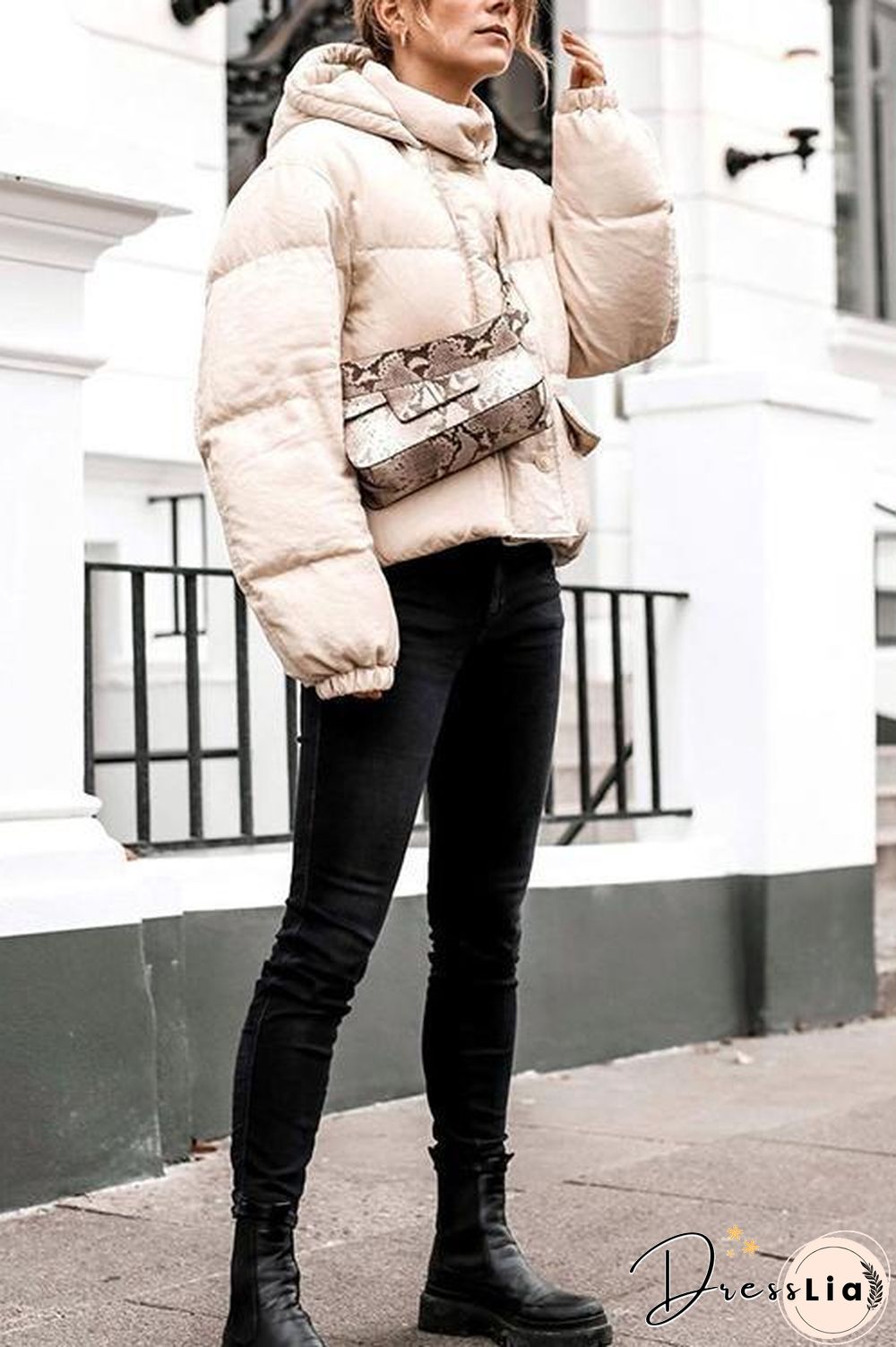 Zipper Button Hooded Coat