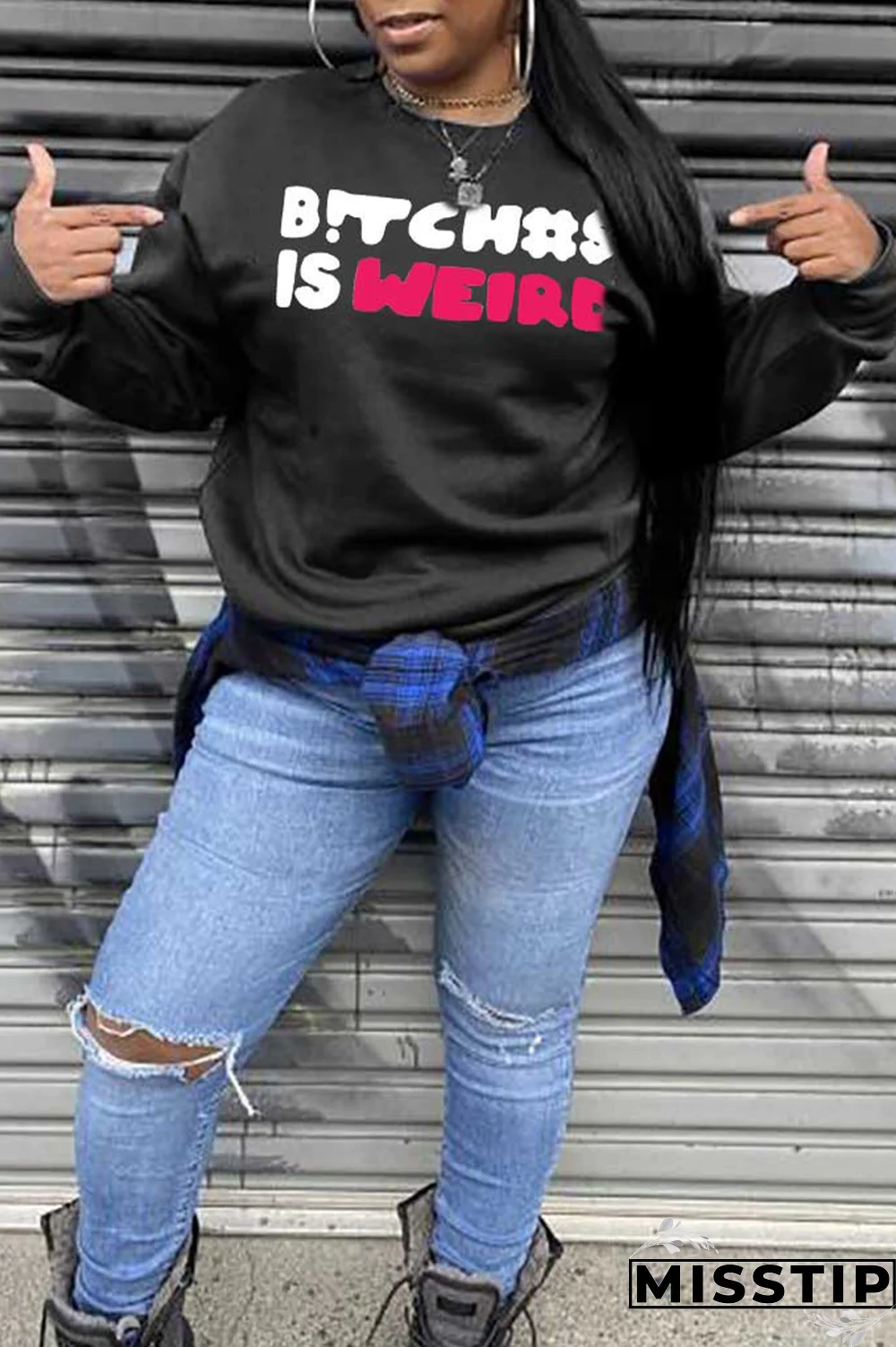 Black Street Print Letter O Neck Tops