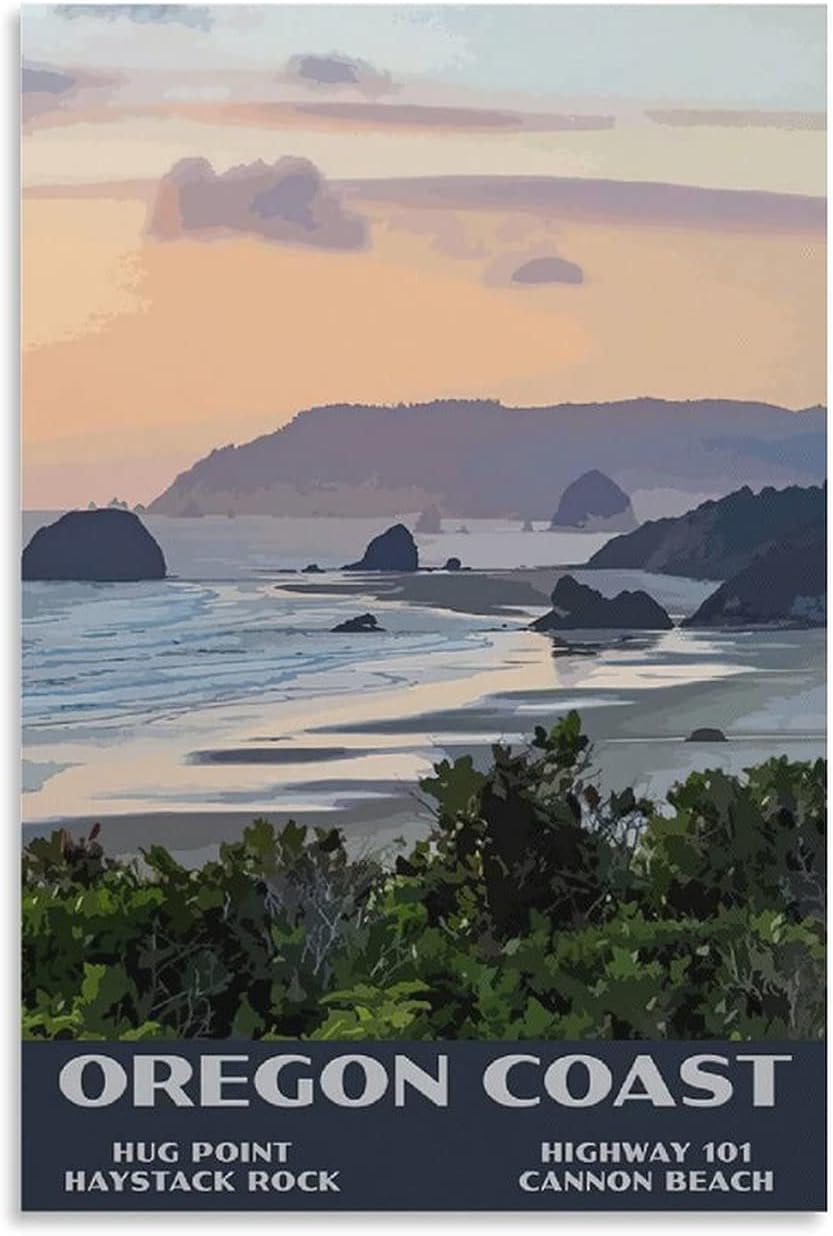 Oregon Pacific Northwest Coast Vintage Beach Sea Water Travel?Posters Wall Art Canvas Modern Posters Prints Painting Pictures, Wall Decor for Wall Office Home Living Room Bedroom Decor Gifts 08x12inch(20x30cm)