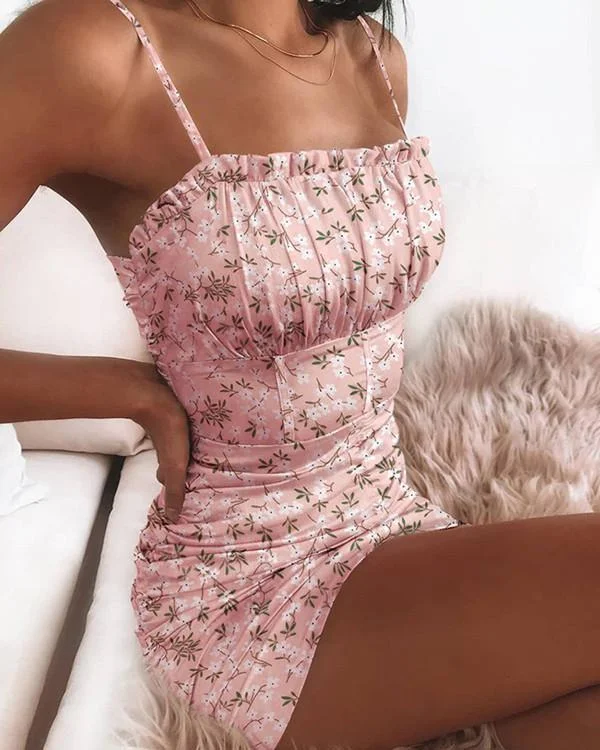floral print ruched ruffles mini dress p122572
