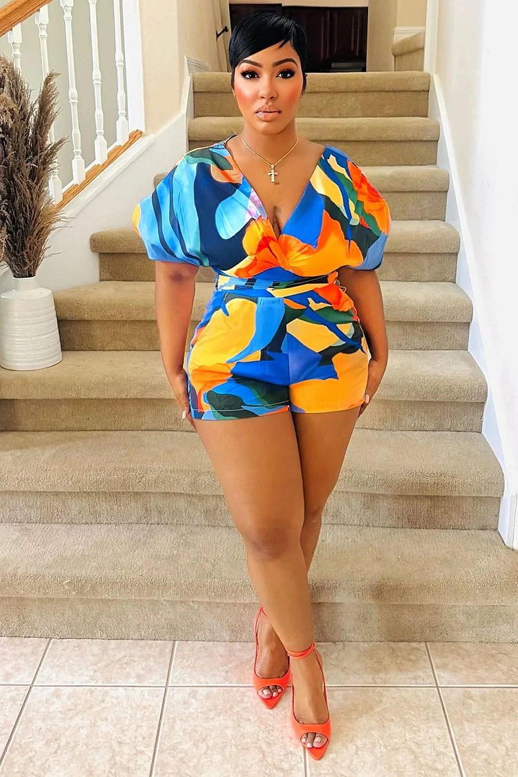 V Neck Dropped Shoulder Cinched Print Romper Playsuit-Orange