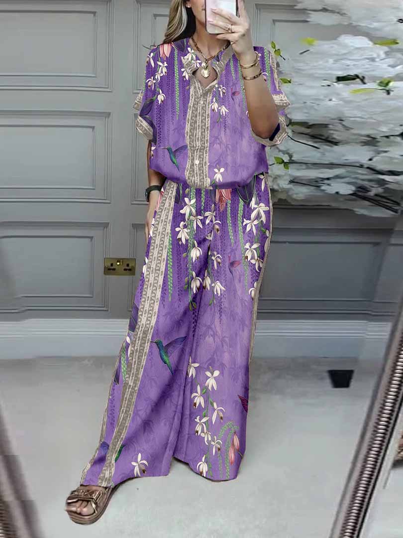 Women Floral, Purple, Pink DZDL1136 V-neck Short Sleeve Blouse and Pants Set