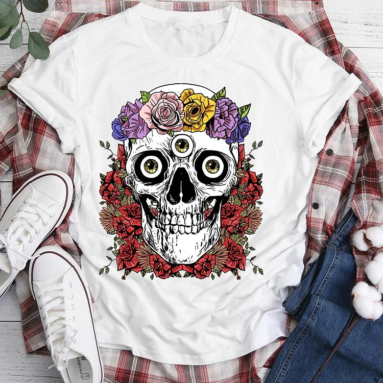 Three-Eyed Skull with Flowers  T-shirt Tee -06286-Annaletters