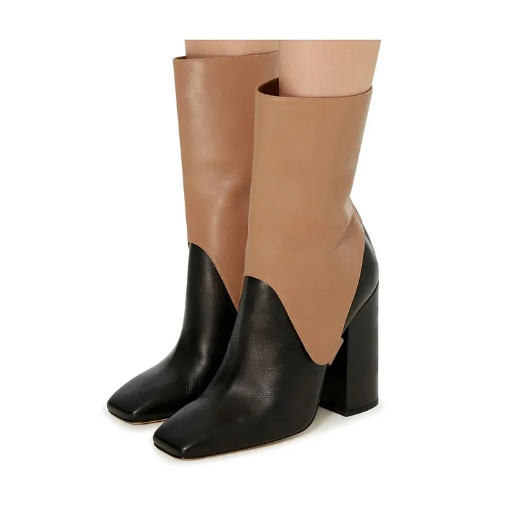Black and Tan Saddle Style Mid Calf Boots with Block Heels |FSJ Shoes