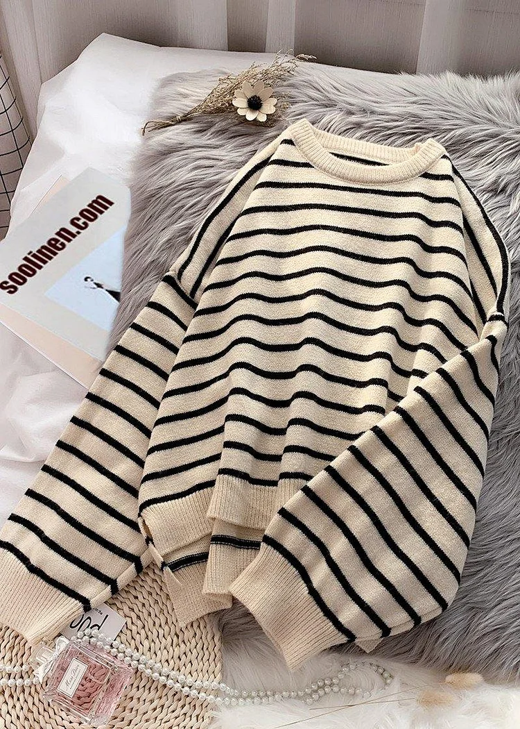 Fashion beige striped sweaters trendy plus size o neck low high design Sweater Blouse