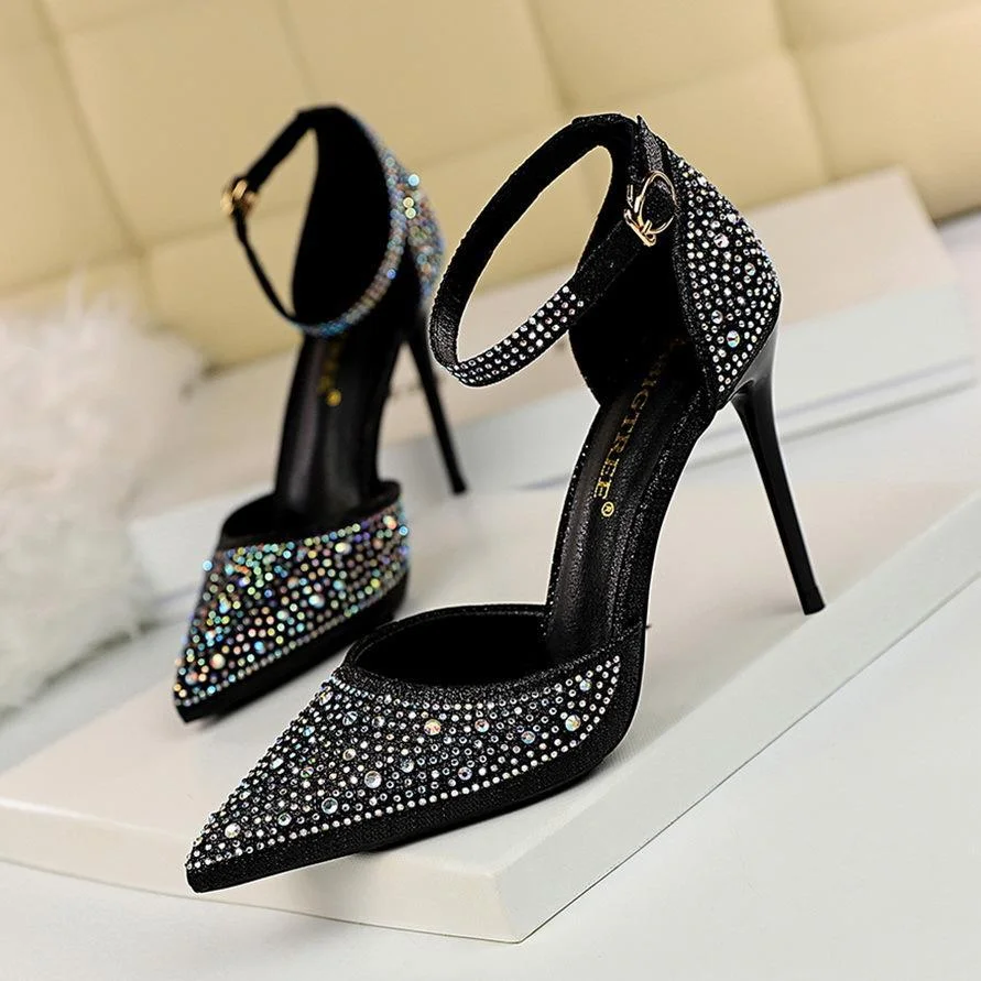 Shallow mouth pointed toe cutout stiletto sandals with rhinestones