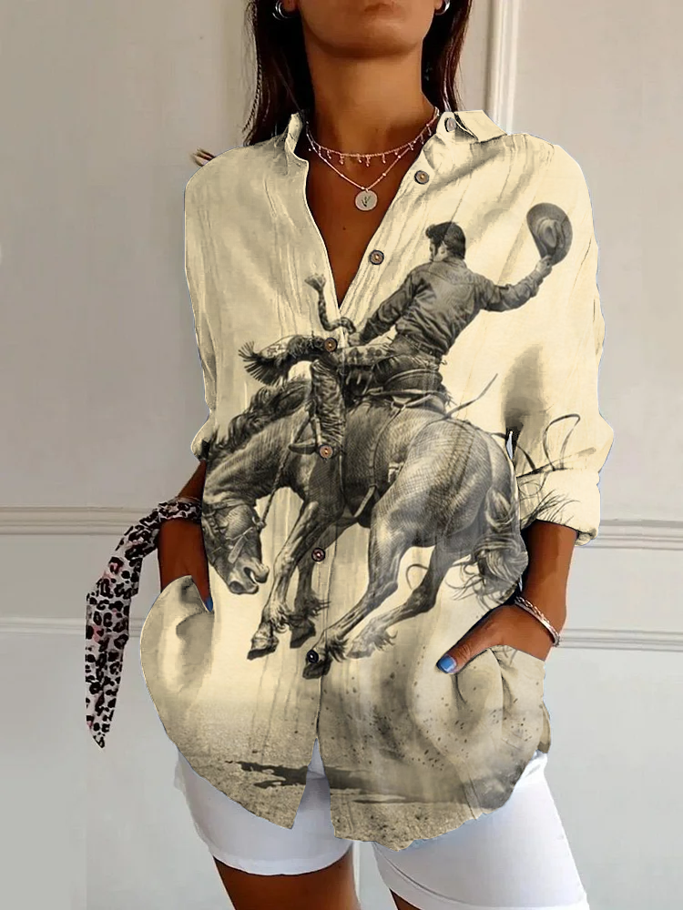 Classic Retro Horse Print Casual Long Sleeve Shirt