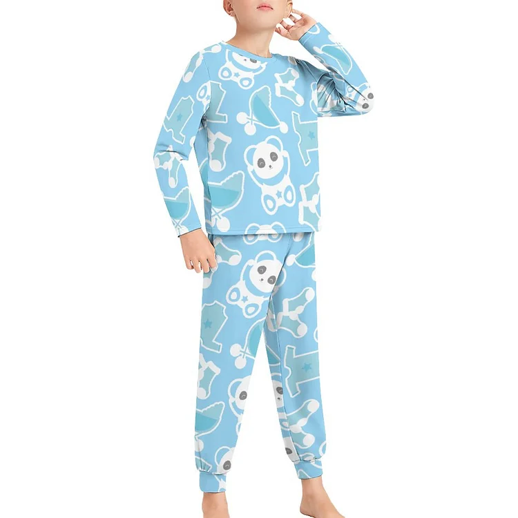 Children's Pajama Suit Blue, Panda Background, Cartoon