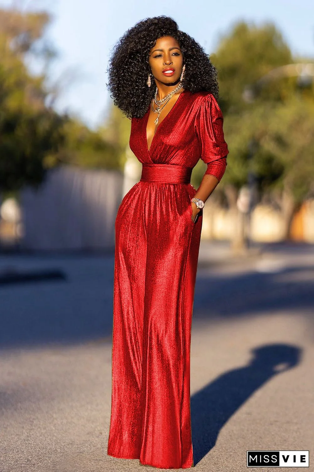 Party Reflective Half Sleeve V Neck Wide Leg Jumpsuit