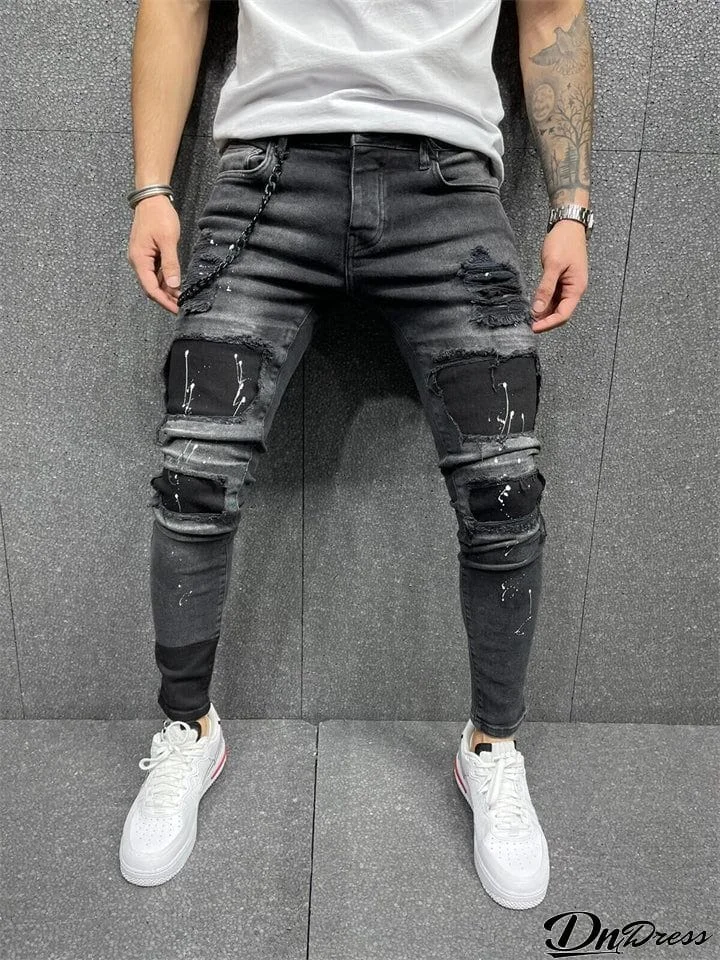 Men's Slim Black Elastic Patchwork Denim Pants