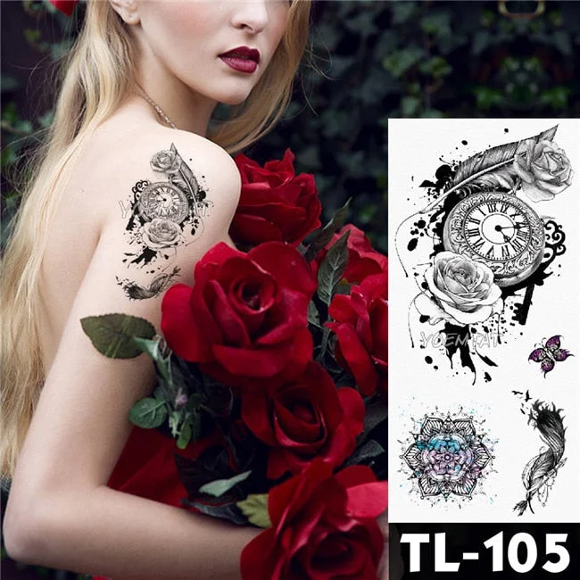 Water Transfer Dark Splash Ink Realistic Roses Temporary Tattoo Sticker Arm Leg Back Pattern Body Art Waterproof Fake Tattoo 515