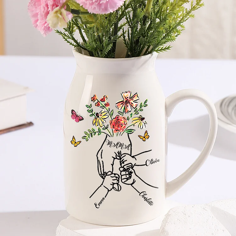 Personalisierte 3 Namen & Text Blume Hand in Hand Familie Vase