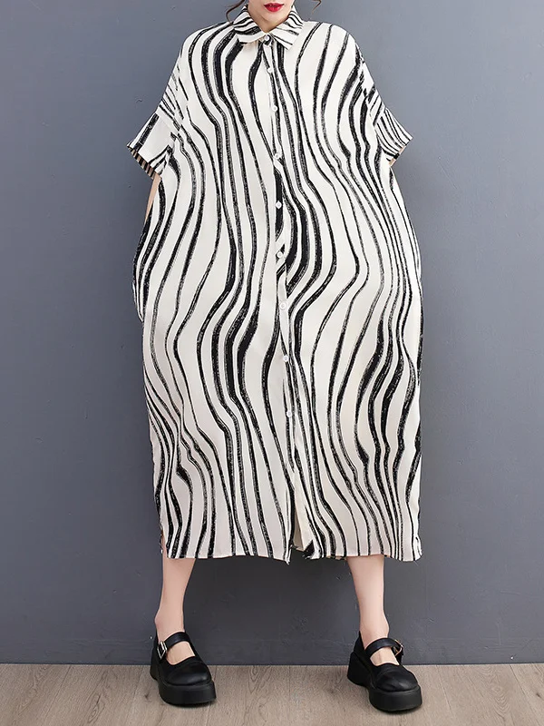 Raglan Sleeve Oversize Zebra-Stripe Split-Joint Lapel Midi Dresses Shirt Dress