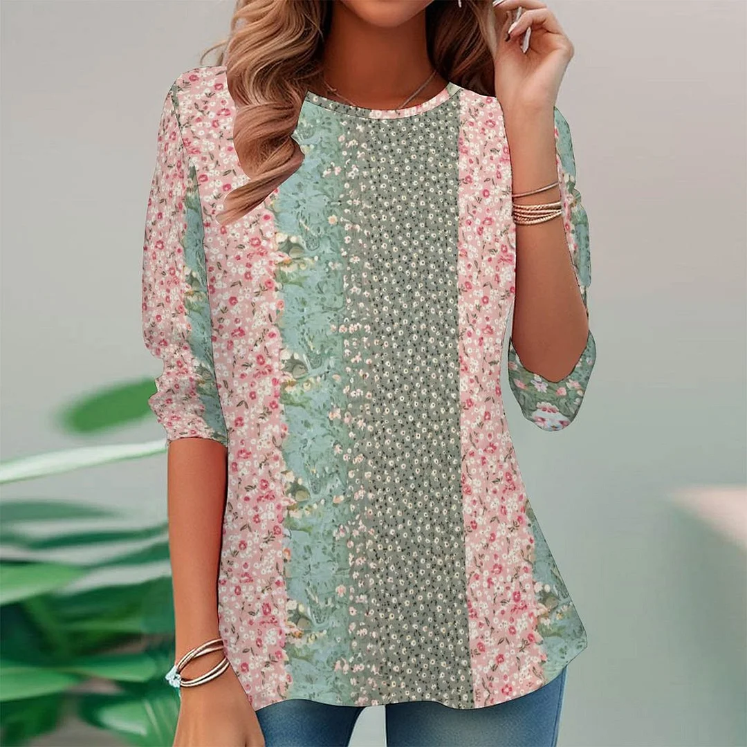 Vintage Printed Long Sleeve Plus Size Tunic for  Women and Men Unisex Pattern Floral,Pink,Green,Stitch