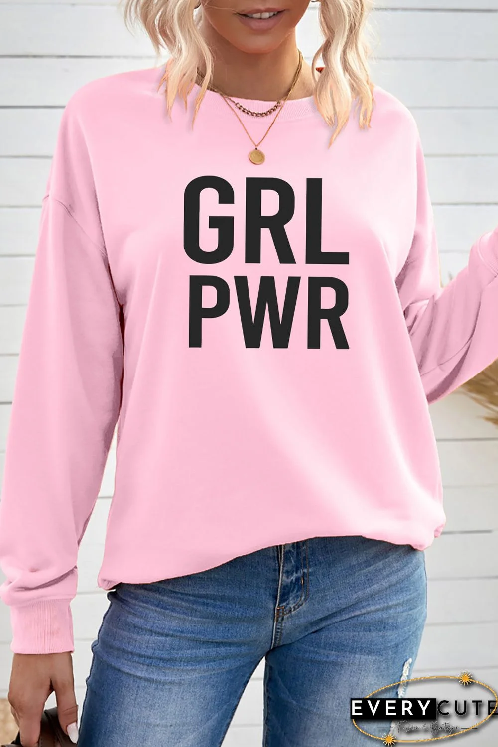 Pink GRLPWR O-neck Long Sleeve Pullover Sweatshirt