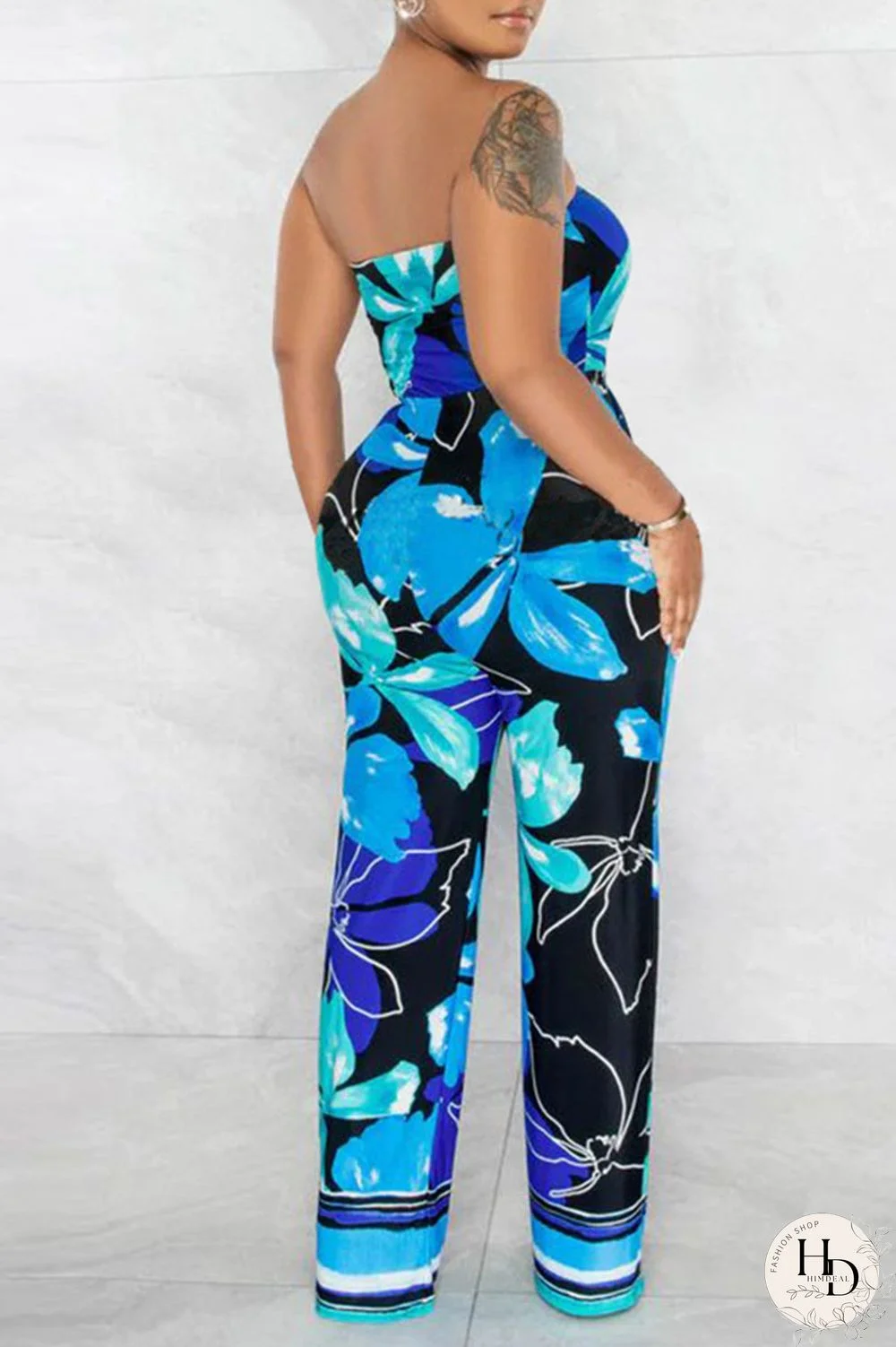 Yellow Sexy Print Patchwork Strapless Straight Jumpsuits