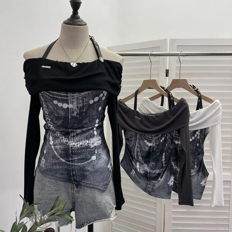 Uveng Vintage Print Shoulder Irregular Long-Sleeved T-Shirt Hanging Neck Slim Thin Short Bottom Top 2662