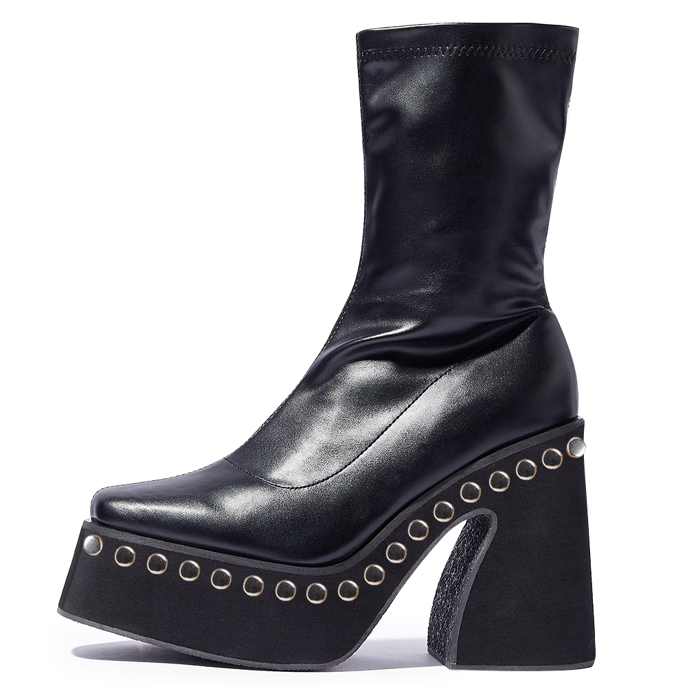 Chic Black Square Toe Studded Chunky Heel Platform Ankle Boots Nicepairs