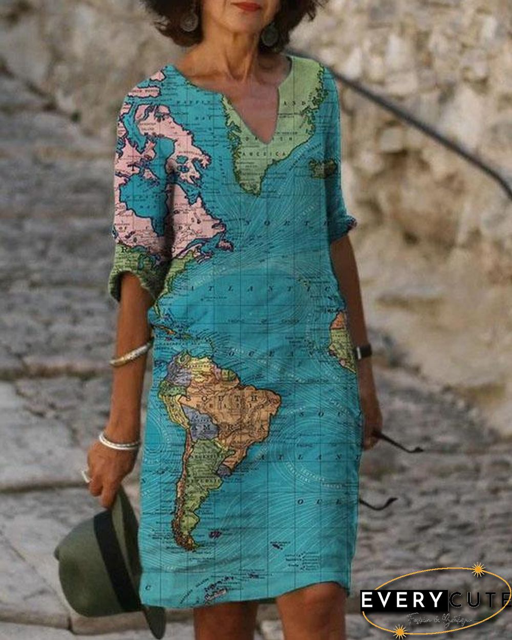 Ladies V-neck Printed Casual Shift Dress