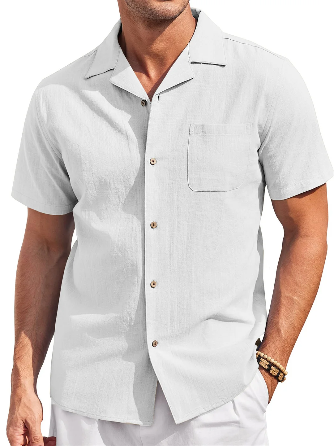 Suitmens Men's Cotton and Linen Cuban Collar Pocket Casual Short Sleeve Shirt