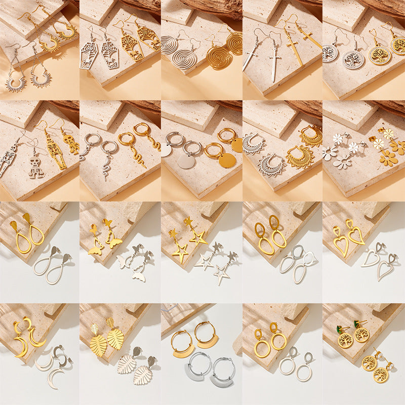 Fashion Personality Simple Geometric Stainless Steel Gold-Plated Butterfly Flower Irregular Pendant Earrings