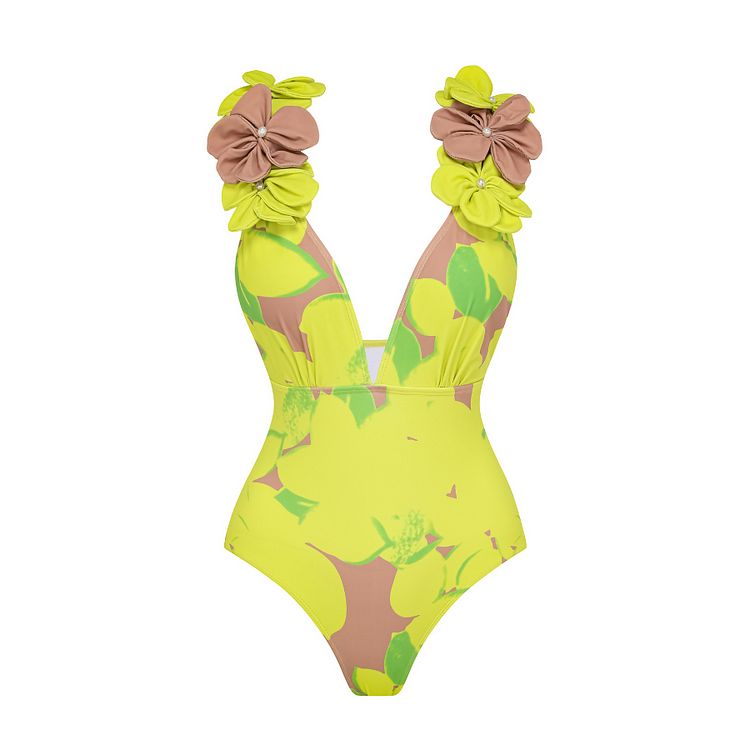 Deep V 3D Flower Decor Lemon Print One Piece Swimsuit and Skirt