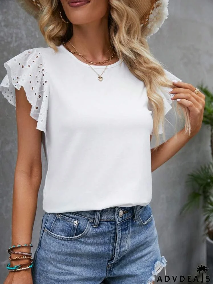 Eyelet Embroidery Butterfly Sleeve Tee