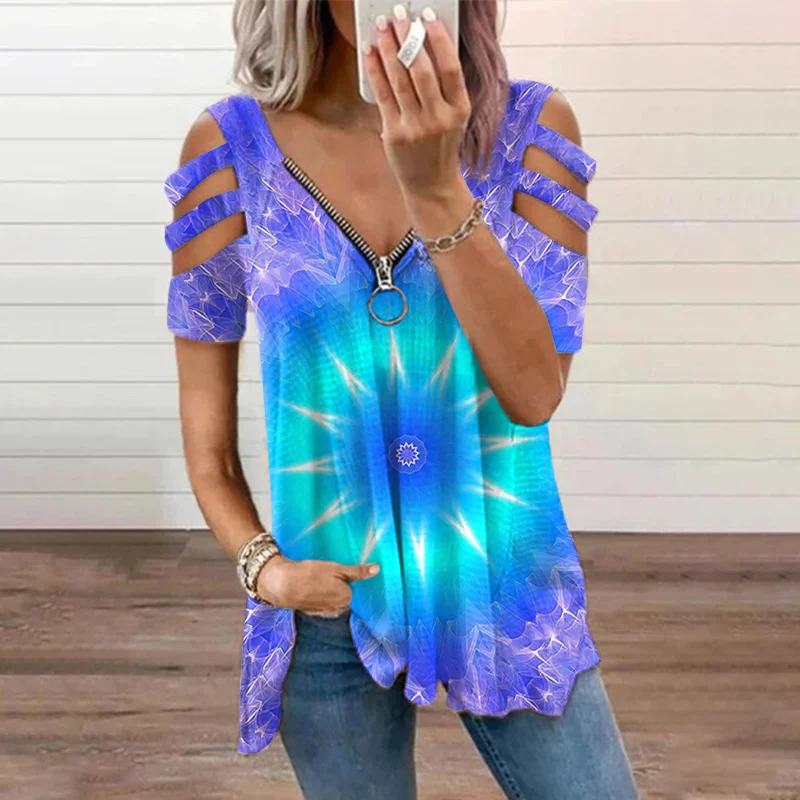 Lights Mandala  Zipper Hollow Out T-shirt