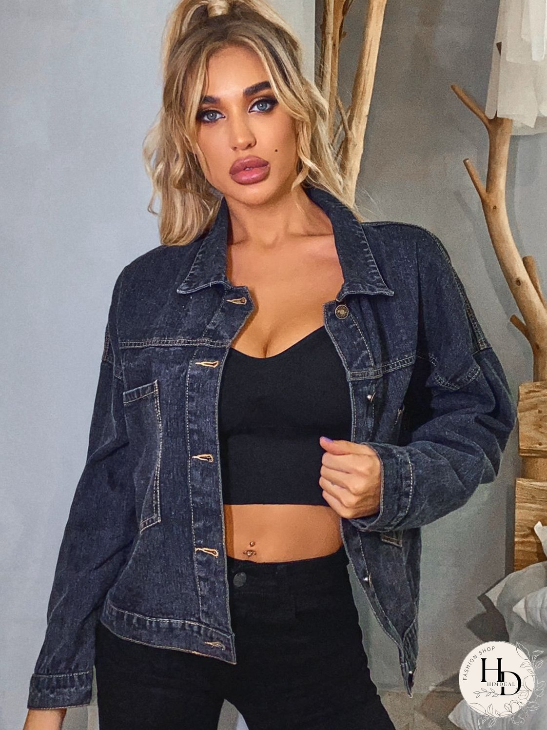 Collared Neck Dropped Shoulder Denim Jacket