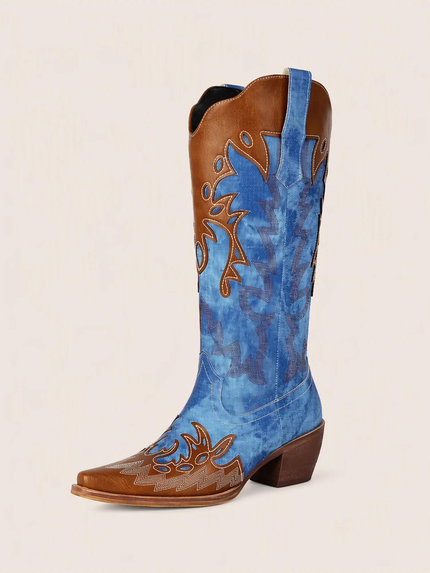 Denim Spliced Western Cowboy Boots, Mid-Calf Retro Long Boots