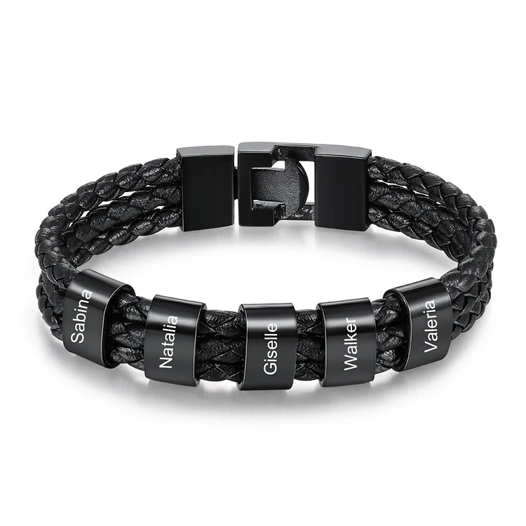 Men Leather Bracelet with 5 Beads Engraved 5 Names Three Layers Bracelet